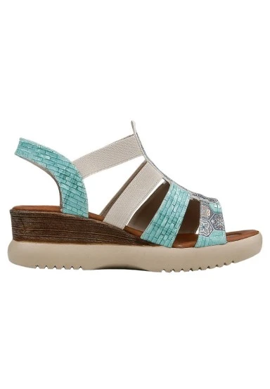 Women Vegan Leather Blue Wedge Sandals - Ethnic Faience Design - 