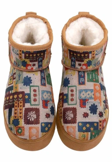 Women Vegan Leather Brown Plush Lined Ankle Boots - Anatolian Patterns Design - 
