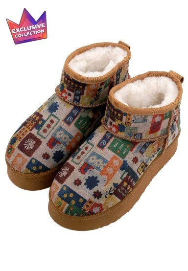 Women Vegan Leather Brown Plush Lined Ankle Boots - Anatolian Patterns Design - 