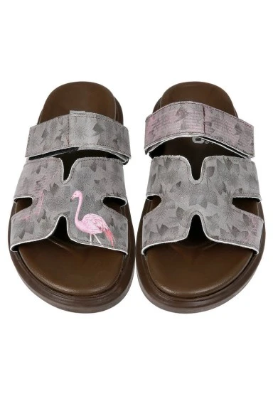 Women Vegan Leather Brown Slippers - Brown Tropical Design - 