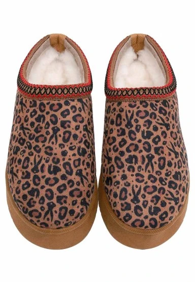 Women Vegan Leather Brown Plush Lined Slippers - Looney Tunes Leopard Looney Design - 