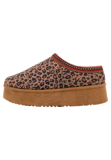 Women Vegan Leather Brown Plush Lined Slippers - Looney Tunes Leopard Looney Design - 
