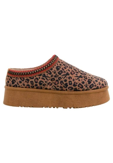 Women Vegan Leather Brown Plush Lined Slippers - Looney Tunes Leopard Looney Design - 