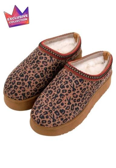 Women Vegan Leather Brown Plush Lined Slippers - Looney Tunes Leopard Looney Design - 