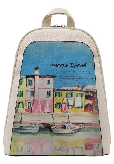 Women Vegan Leather Cream Backpack - Burano Island Design - 