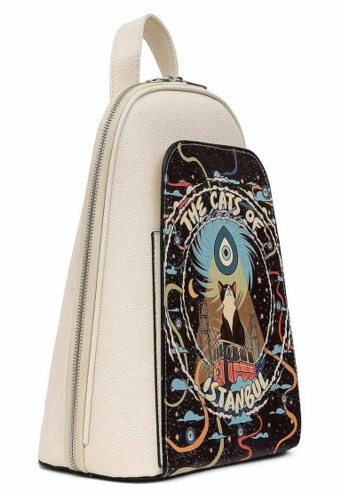 Women Vegan Leather Cream Backpack - The Cats of Istanbul Design - 