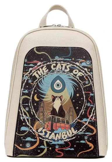 Women Vegan Leather Cream Backpack - The Cats of Istanbul Design - 