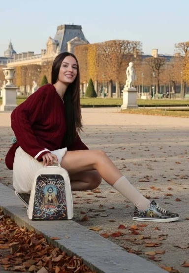 Women Vegan Leather Cream Backpack - The Cats of Istanbul Design - 