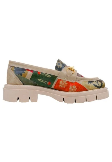 Women Vegan Leather Cream Loafers - Anatolian Patterns Design - 