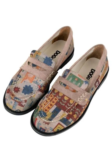 Women Vegan Leather Cream Loafers - Anatolian Patterns Design - 