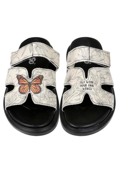 Women Vegan Leather Cream Slippers - Fly With Your Own Wings Design - 