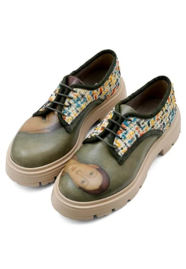 Women Vegan Leather Cream Sneakers - Painting of a Lady Design - 