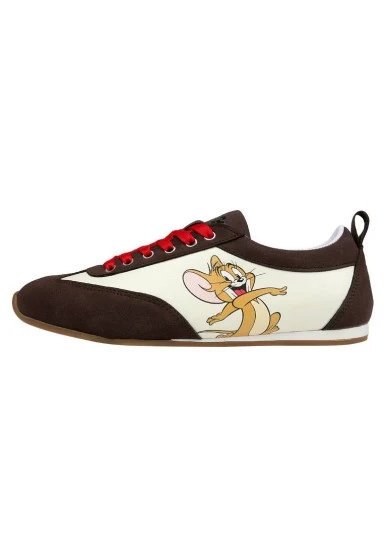 Women Vegan Leather Cream Sneakers - Warner Bros Looney Tunes Tom & Jerry Design - 