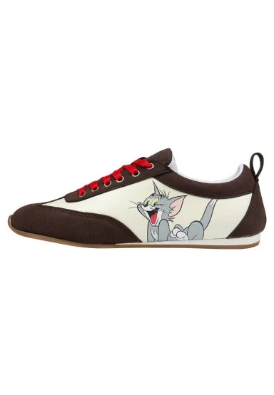 Women Vegan Leather Cream Sneakers - Warner Bros Looney Tunes Tom & Jerry Design - 