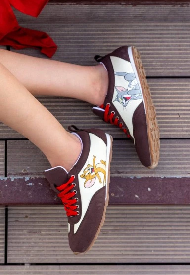 Women Vegan Leather Cream Sneakers - Warner Bros Looney Tunes Tom & Jerry Design - 