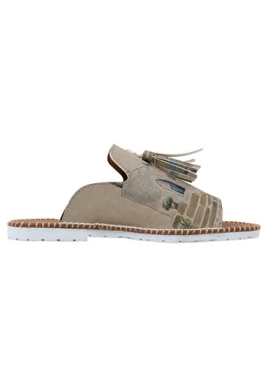 Women Vegan Leather Cream Slippers - Paperflower Design - 