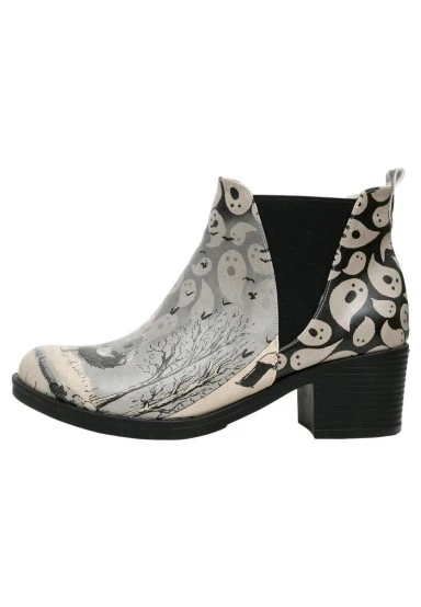 Women Vegan Leather Gray Ankle Boots - Spooky Town Design - 