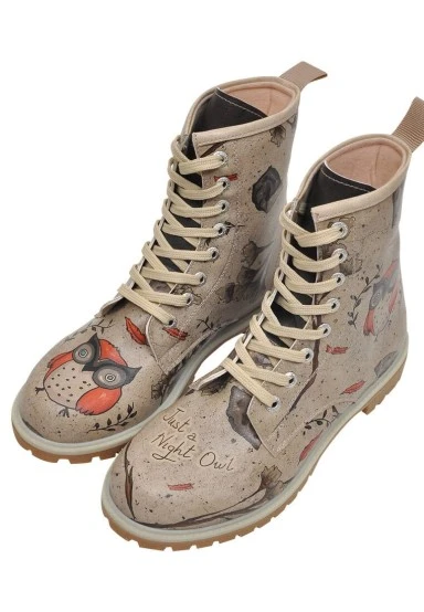 Women Vegan Leather Gray Long Boots - Night Owl Design - 