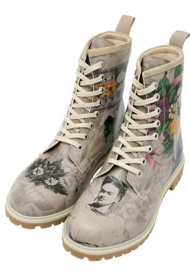 Women Vegan Leather Gray Long Boots - A Flower From The Past Frida Kahlo Design - 