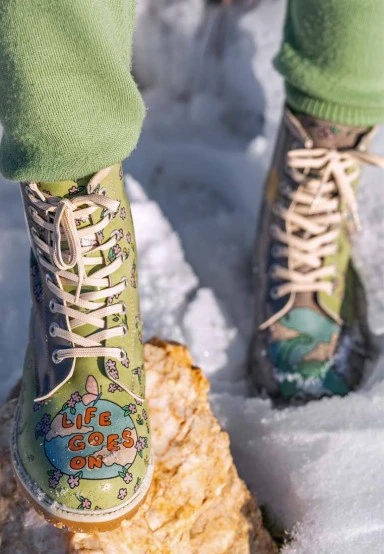 Women Vegan Leather Green Long Boots - Life Goes On Design - 