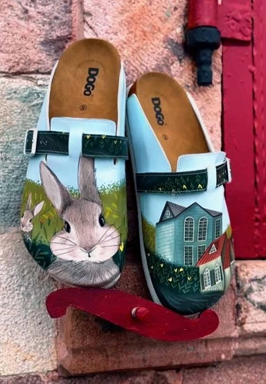 Women Vegan Leather Green Slippers - Going on an Adventure Design - 