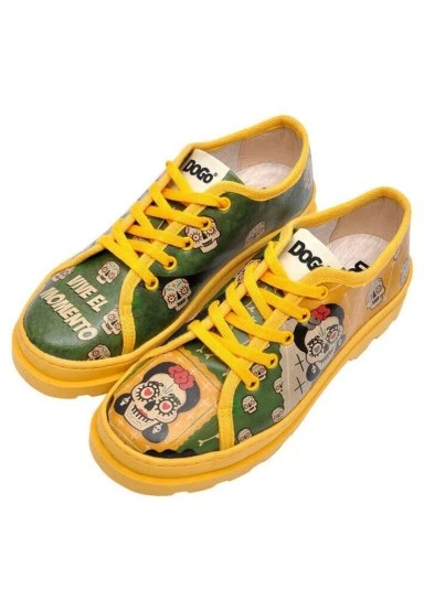 Women Vegan Leather Green Sneakers - Sugar Skull Design - 