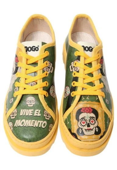 Women Vegan Leather Green Sneakers - Sugar Skull Design - 