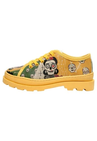 Women Vegan Leather Green Sneakers - Sugar Skull Design - 