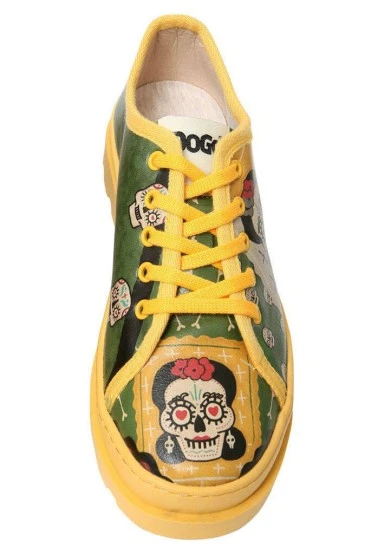 Women Vegan Leather Green Sneakers - Sugar Skull Design - 