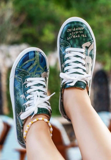 Women Vegan Leather Green Sneakers - The Forest Always Whispers Design - 