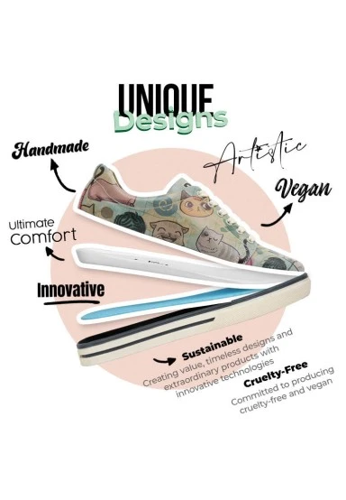 Women Vegan Leather Green Sneakers - Cats of the World Design - 