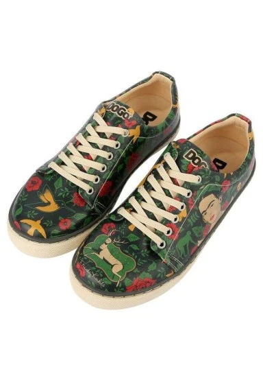 Women Vegan Leather Green Sneakers - Arrows Frida Kahlo Design - 