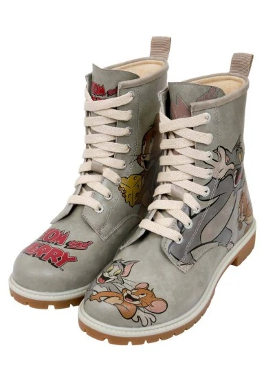 Women Vegan Leather Grey Long Boots - Warner Bros Looney Tunes Tom ve Jerry Tiny Trouble Design - 