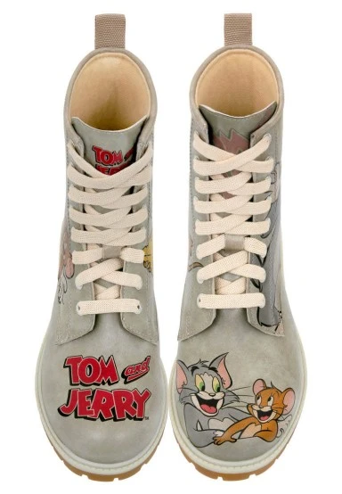 Women Vegan Leather Grey Long Boots - Warner Bros Looney Tunes Tom ve Jerry Tiny Trouble Design - 