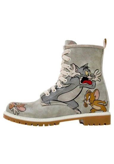 Women Vegan Leather Grey Long Boots - Warner Bros Looney Tunes Tom ve Jerry Tiny Trouble Design - 