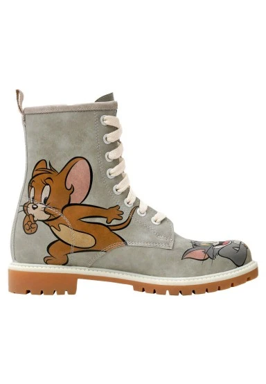 Women Vegan Leather Grey Long Boots - Warner Bros Looney Tunes Tom ve Jerry Tiny Trouble Design - 
