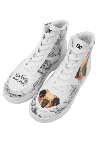 Women Vegan Leather White High Top Sneakers - Elephants Never Forget Design - 