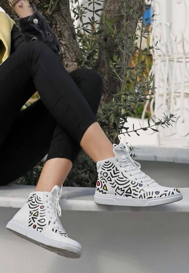 Women Vegan Leather White High Top Sneakers - Abstract Outline White Design - 