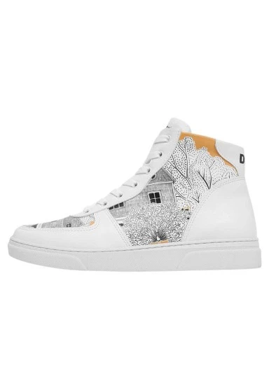 Women Vegan Leather White High Top Sneakers - There You Are Design - 