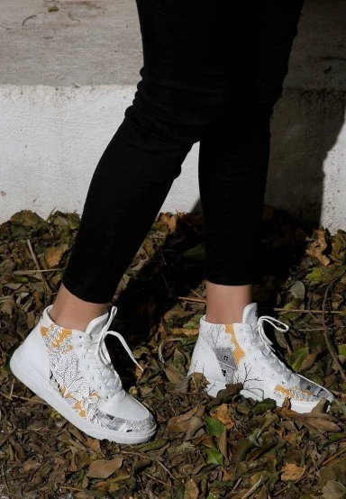 Women Vegan Leather White High Top Sneakers - There You Are Design - 