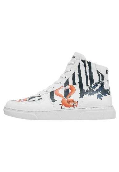 Women Vegan Leather White High Top Sneakers - Cuddling Season Design - 