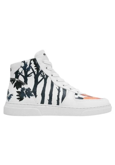 Women Vegan Leather White High Top Sneakers - Cuddling Season Design - 