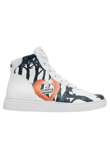 Women Vegan Leather White High Top Sneakers - Cuddling Season Design - 