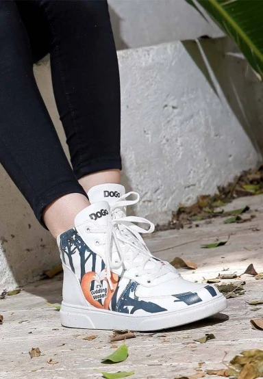 Women Vegan Leather White High Top Sneakers - Cuddling Season Design - 
