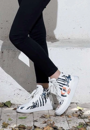 Women Vegan Leather White High Top Sneakers - Cuddling Season Design - 