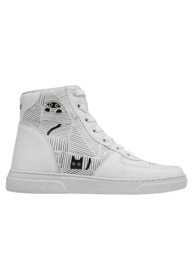 Women Vegan Leather White High Top Sneakers - Black Cats Only Design - 