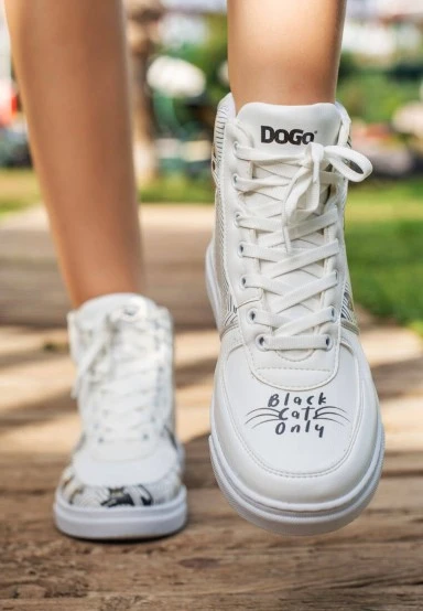 Women Vegan Leather White High Top Sneakers - Black Cats Only Design - 