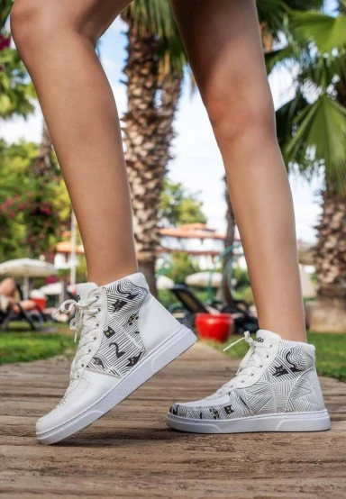 Women Vegan Leather White High Top Sneakers - Black Cats Only Design - 