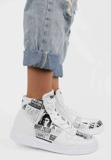 Women Vegan Leather White High Top Sneakers - Warner Bros Daily Prophet Harry Potter Design - 