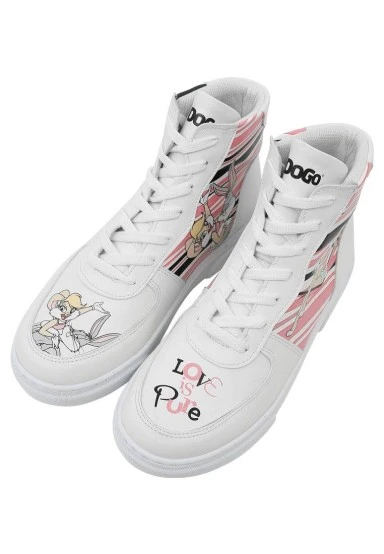 Women Vegan Leather White High Top Sneakers - Warner Bros Love is Pure Bugs Bunny Design - 
